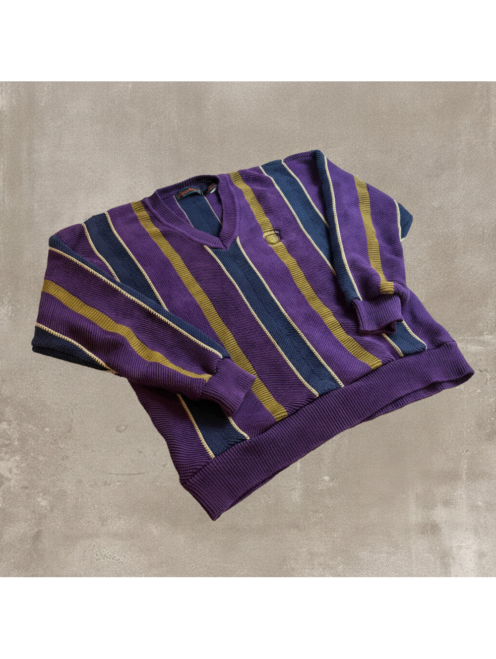 Vintage Firethorn Mens L Purple Striped Knit V-Neck Sweater Coogi Style USA